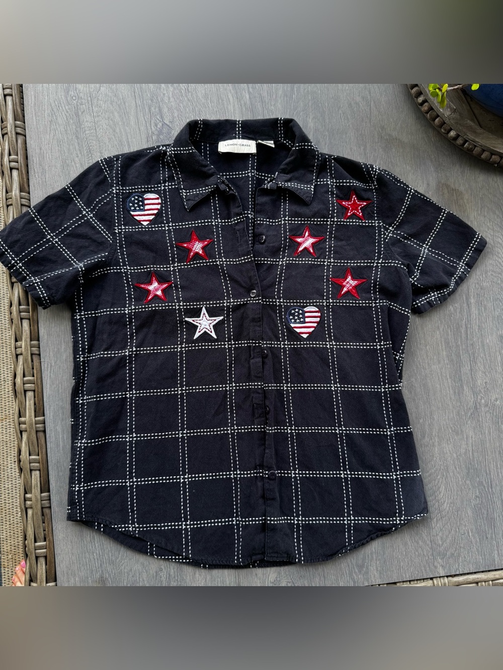 4th of July Button-Down Shirt with Red Star & Flag Heart Patches!